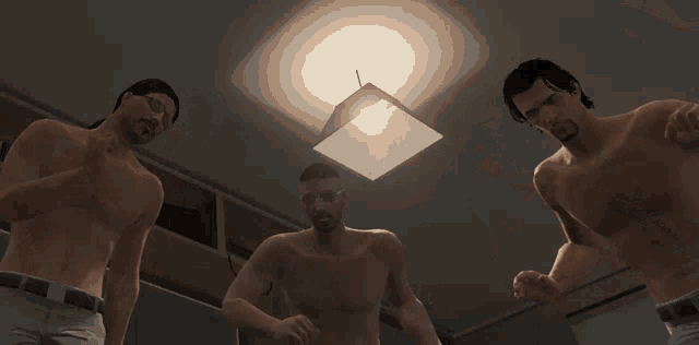 three shirtless men are standing in a room with a light on the ceiling