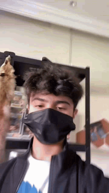 a young man wearing a black face mask looks at the camera