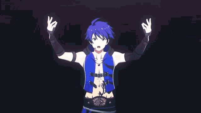 a blue haired anime character with a microphone on his shoulder