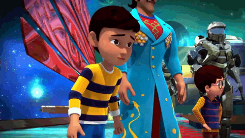 a group of cartoon characters including a man in a blue coat and a boy in a yellow and blue striped shirt