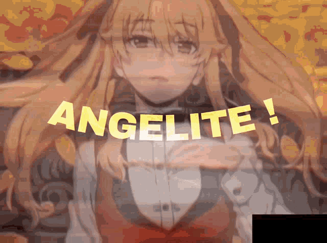 a blonde anime girl is standing in front of a sign that says angelite