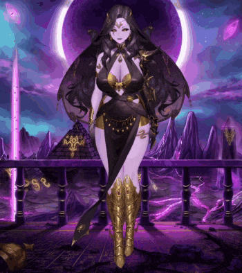 a woman in a black dress and gold boots stands in front of a pyramid