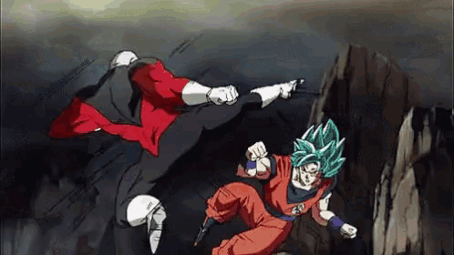 a man in a red cape is kicking another man in a blue cape .