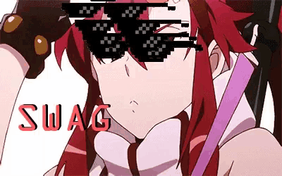 a girl with red hair is wearing sunglasses and the word swag is next to her