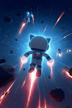a cat astronaut is flying through space with a jetpack