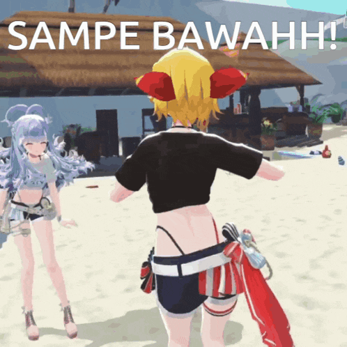 a cartoon girl standing on a beach with the words sampe bawahhh