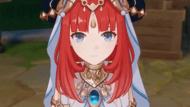 a girl with red hair and blue eyes is wearing a necklace with a blue stone