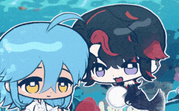 a drawing of a girl with blue hair and a girl with red hair