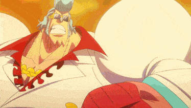 franky from one piece is wearing sunglasses and a necklace