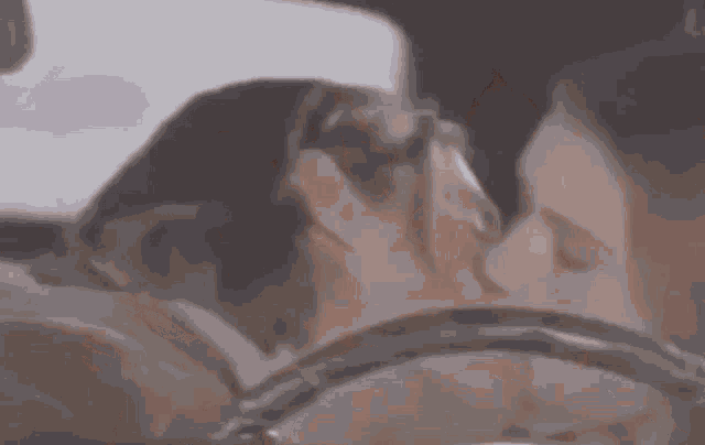 a man and a woman are kissing in a car while the man is driving .