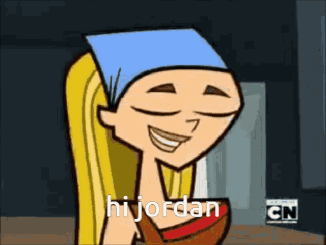 a cartoon girl with a blue headband is smiling and says hijordan