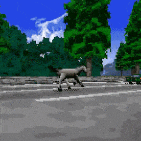 a pixelated image of a horse walking down a street