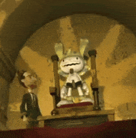 a cartoon character is sitting on a throne next to a man in a suit and tie