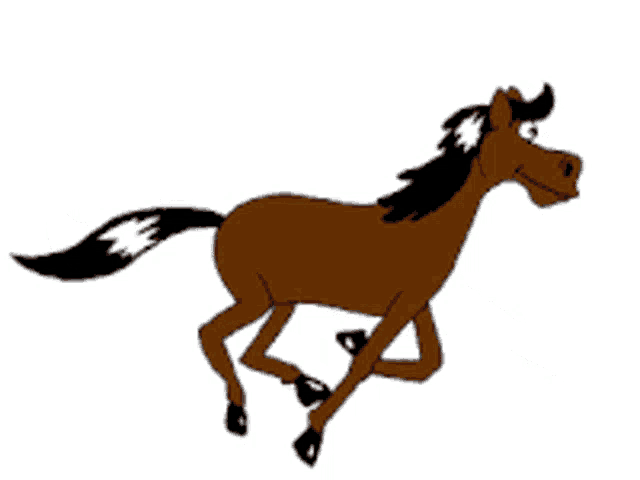 a cartoon horse with a white spot on its head is running