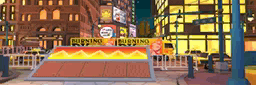 a cartoon drawing of a city street with a sign that says ' burning ' on it