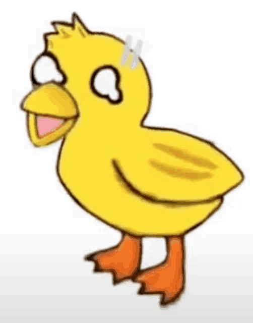 a cartoon drawing of a yellow duck with orange feet on a white background