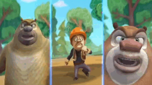 three cartoon bears are standing next to each other on a dirt road in a forest .