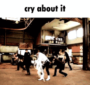 a group of people are dancing in a room with the words cry about it on the bottom