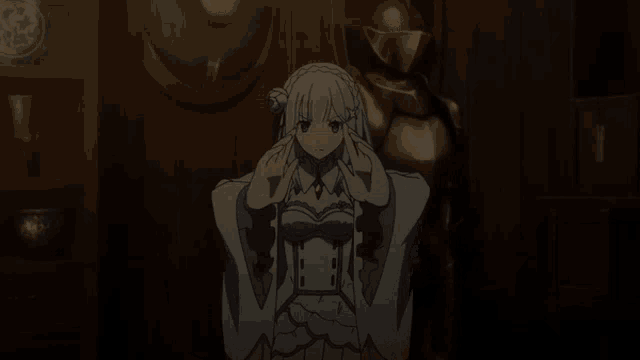 a girl with white hair is praying with her hands together