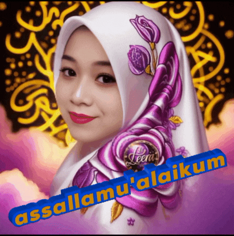 a picture of a woman wearing a purple floral scarf with the words assalamu ' alaikum written below her