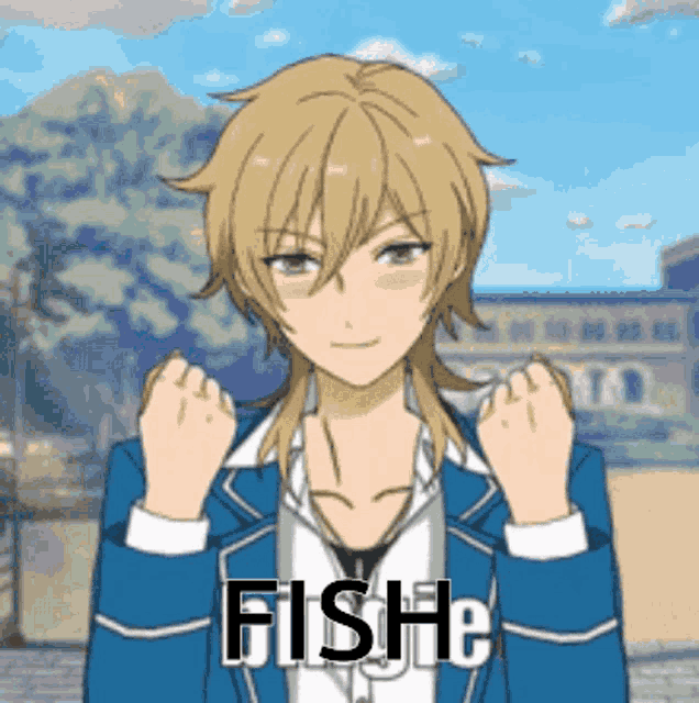 a cartoon character with the word fishe written on his chest