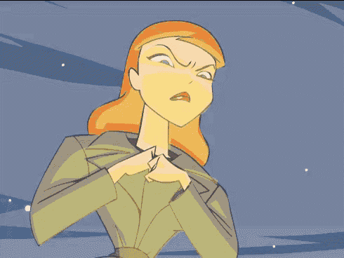 a cartoon character with red hair and a bat on her shirt