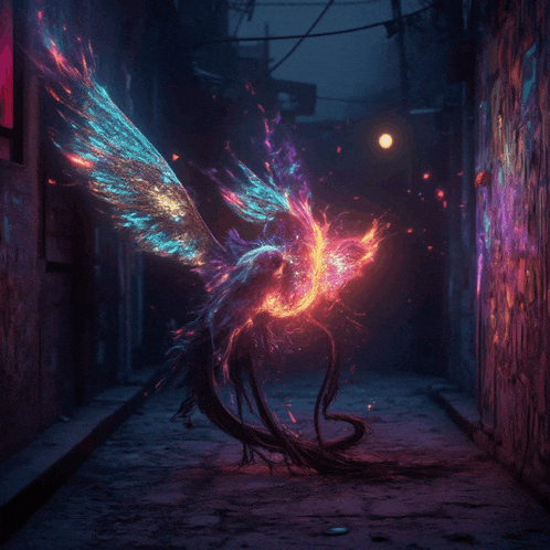 a painting of a colorful bird in a dark alleyway at night