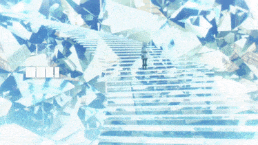 a person walking up a set of stairs with chinese writing on the bottom