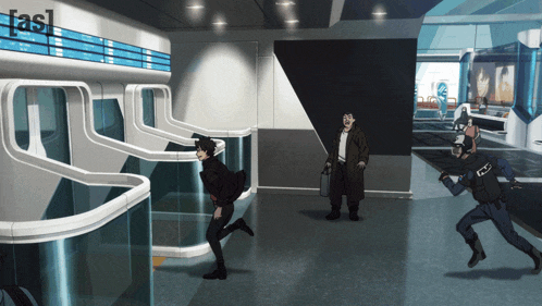 a man in a gas mask is running in a room with a sign that says easl