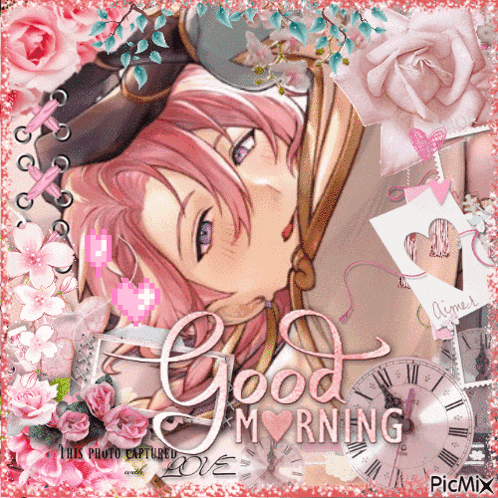 a picture of a girl with pink hair is surrounded by flowers and the words good morning