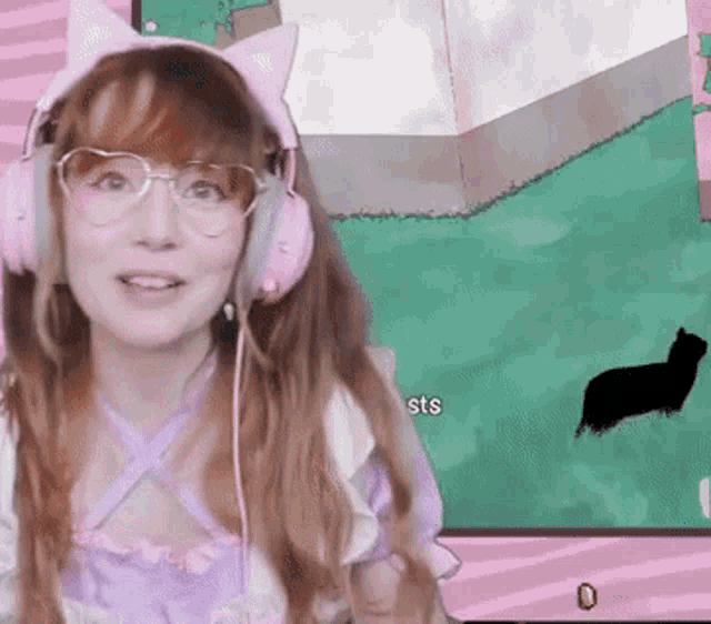 a girl wearing cat ears and headphones is smiling in front of a screen that says sts