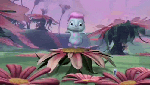 a cartoon character is standing on a flower in a field .