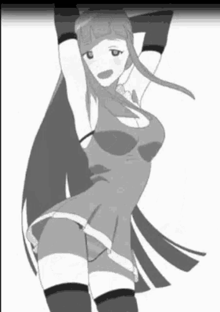 a black and white drawing of a girl in a dress and thigh high socks .