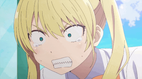 a close up of a blonde anime girl with her mouth open