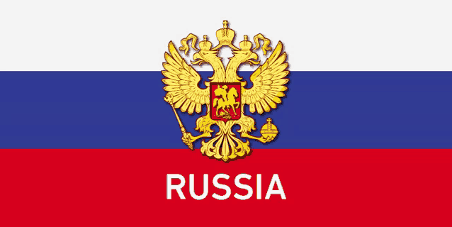 a russian flag with a coat of arms and the word russia