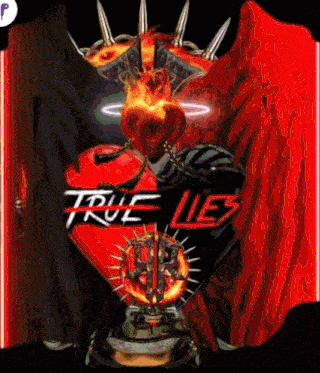 a poster for true lies shows a heart with spikes and a crown on it