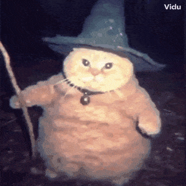a cat is wearing a wizard hat and holding a wand