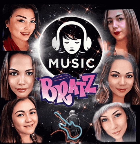 a poster for bratz music with a collage of portraits