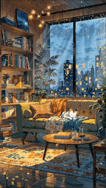 a painting of a living room with a couch and table