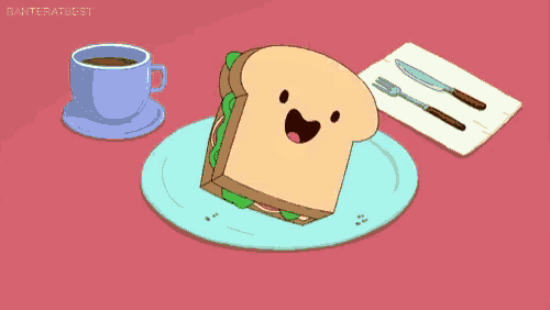 a sandwich with a face on it is on a plate next to a cup of coffee ..