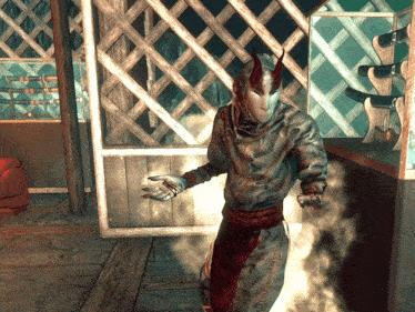 a video game character with horns on his head is standing in a room