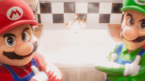 mario and luigi are standing next to each other