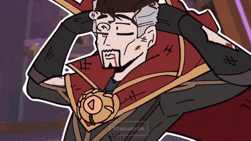 a cartoon drawing of a doctor strange holding his hand to his head with the word vondantom below him
