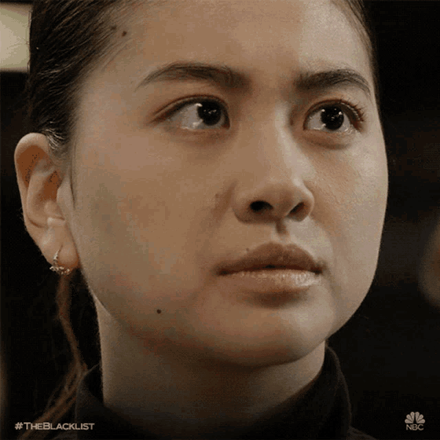 a close up of a woman 's face with #theblacklist on the bottom