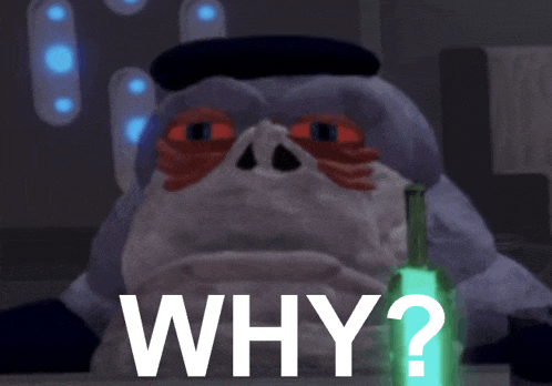 a cartoon character is holding a green bottle and the question why