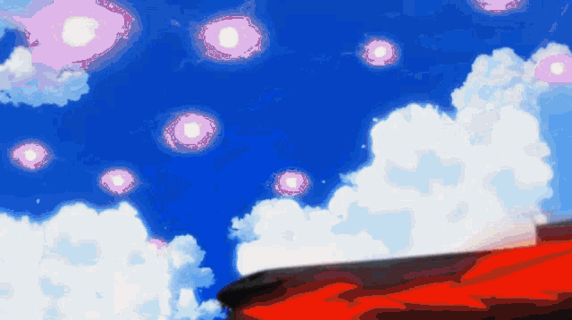 a blue sky with white clouds and purple circles