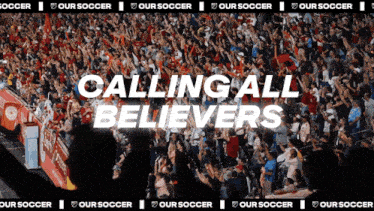 a crowd of people are gathered in a stadium with the words " calling all believers " on the screen