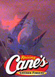 a poster for raising cane 's chicken fingers with a picture of a dinosaur