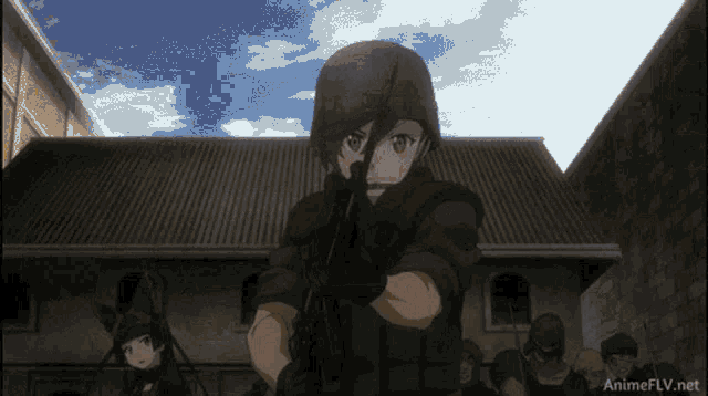 a group of anime characters are standing in front of a building with the website animeflv.net in the bottom right corner
