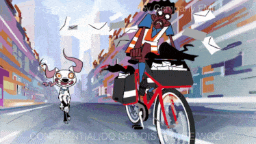 a cartoon of a man riding a bike with a dog running behind him and the words confidential do not distribute woof